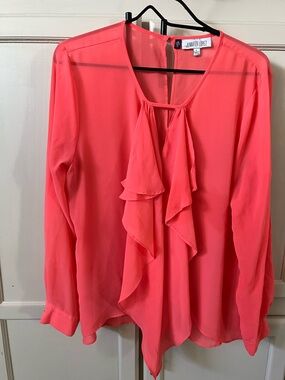 Jennifer Lopez Coral Pink Ruffle Front Long-Sleeve Blouse